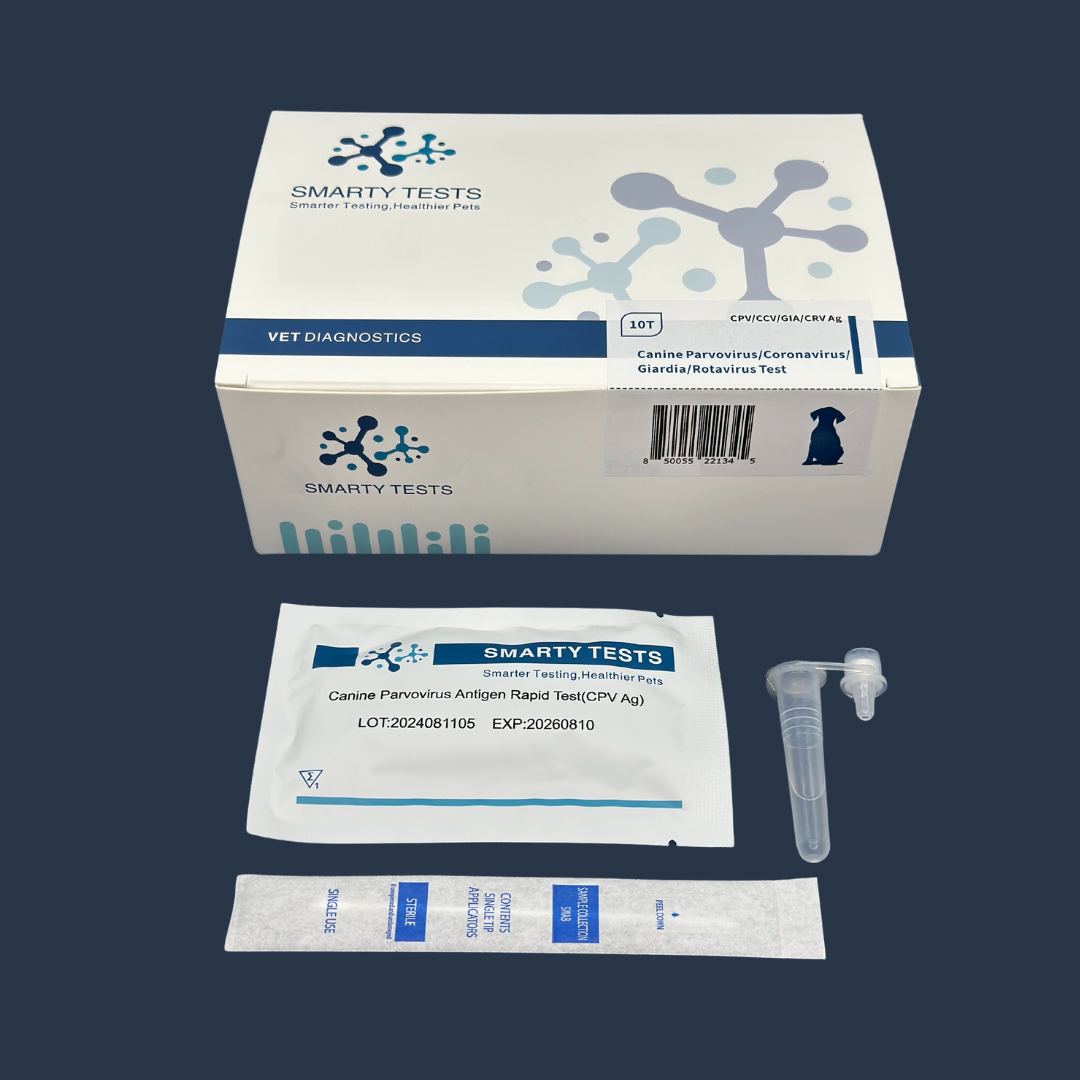 Smarty Tests Canine Parvovirus Rapid Test kit with detailed instructions and testing materials