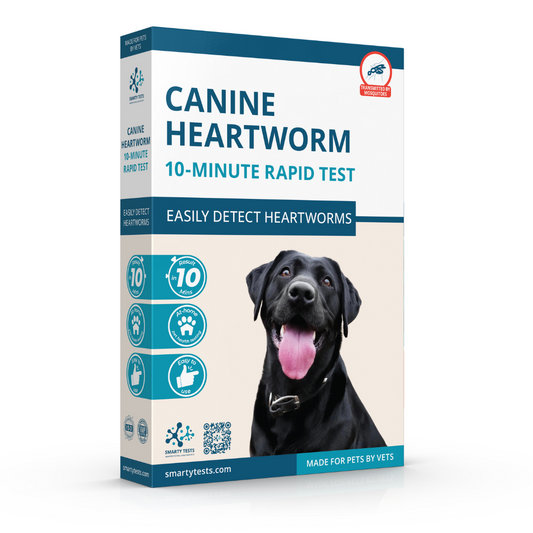 Smarty Tests 10 Minute Rapid Test for at-home heartworm test for dogs in a convenient box design